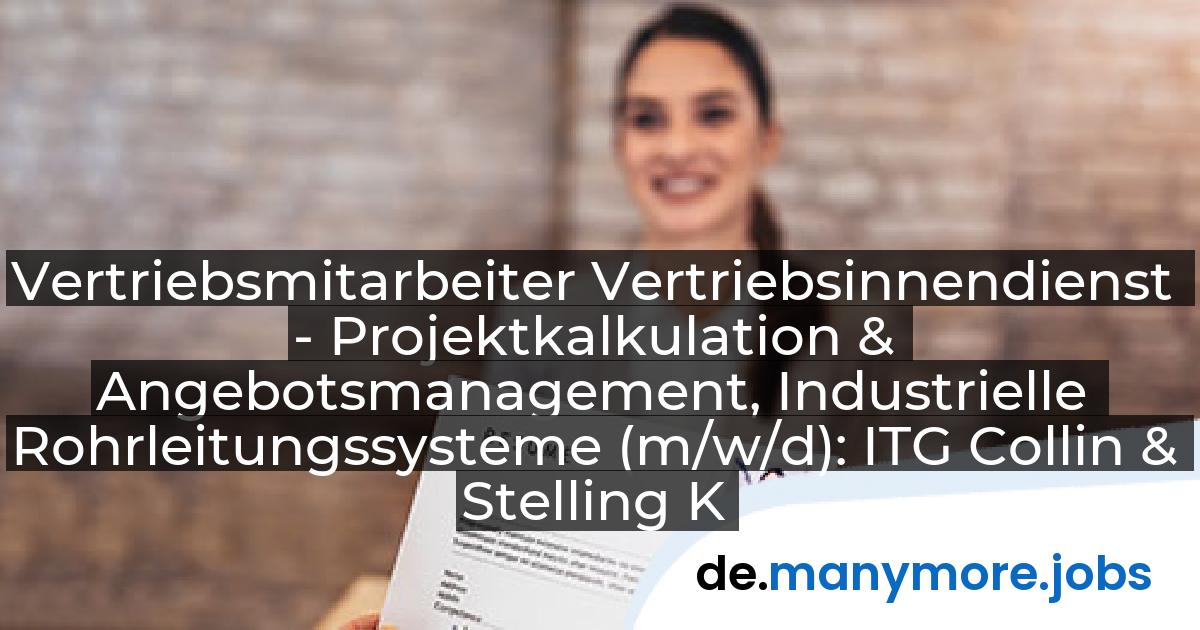 Vertriebsmitarbeiter Vertriebsinnendienst - Projektkalkulation & Angebotsmanagement, Industrielle Rohrleitungssysteme (m/w/d): ITG Collin & Stelling KG | manymore.jobs